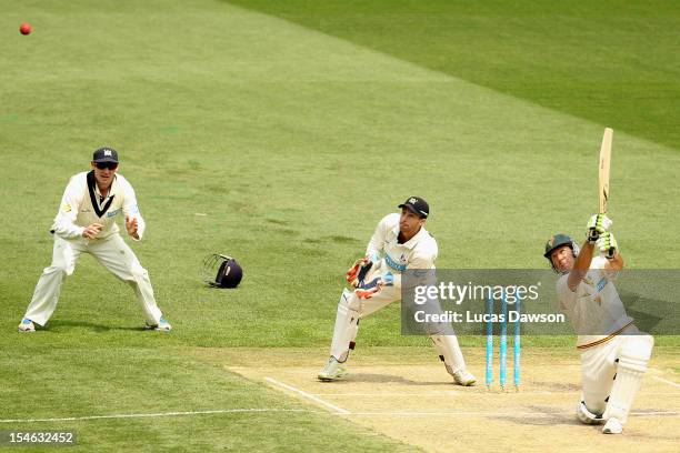 Ricky Ponting of the Tigers plays a shot during day two of the Sheffield Shield match between the Victorian Bushrangers and the Tasmanian Tigers at...