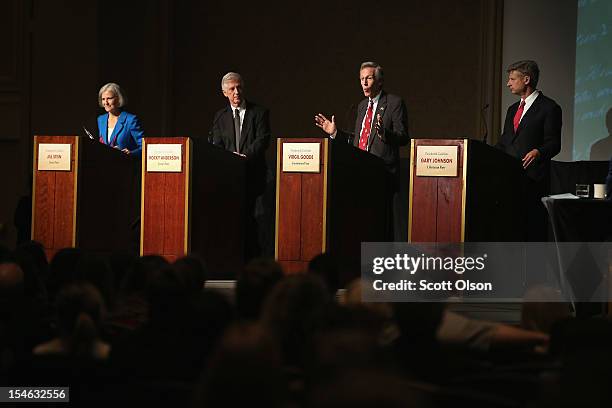 Constitution Party presidential candidate Virgil Goode makes a point as Jill Stein from the Green Party, Rocky Anderson from the Justice Party and...