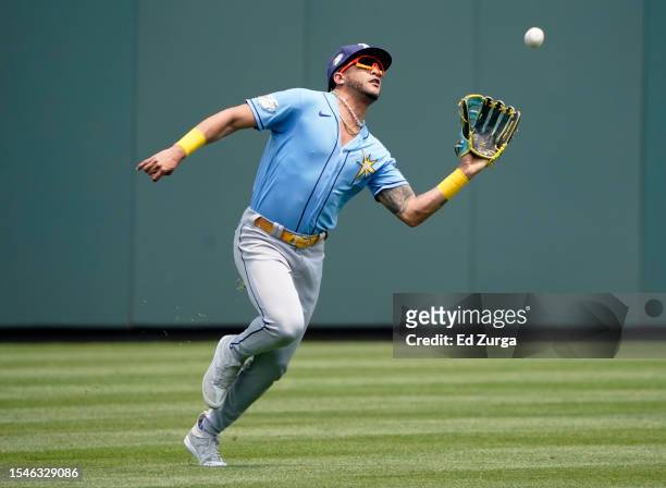 Jose Siri of the Tampa Bay Rays catches a ball hit off the batt of Kyle Isbel of the Kansas City Royals in the third inning during game one of a...