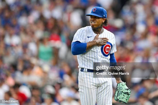 Marcus Stroman of the Chicago Cubs reacts in the fifth inning of the game against the Boston Red Sox at Wrigley Field on July 15, 2023 in Chicago,...
