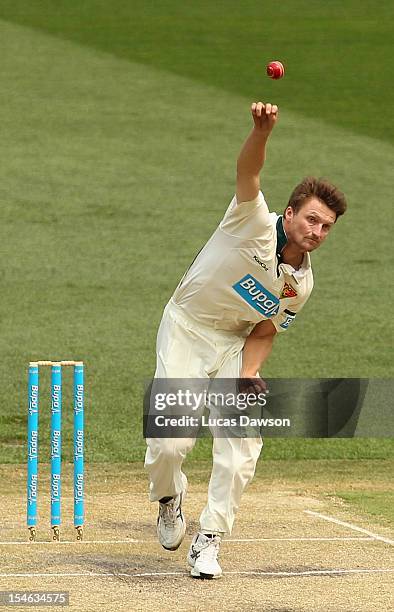 Jackson Bird of the Tigers bowls during day two of the Sheffield Shield match between the Victorian Bushrangers and the Tasmanian Tigers at Melbourne...