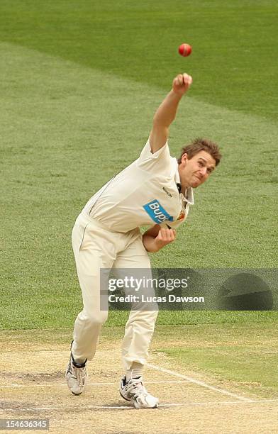 Luke Buttworth of the Tigers bowls during day two of the Sheffield Shield match between the Victorian Bushrangers and the Tasmanian Tigers at...