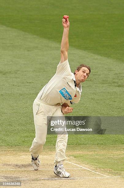 Luke Butterworth of the Tigers bowls during day two of the Sheffield Shield match between the Victorian Bushrangers and the Tasmanian Tigers at...