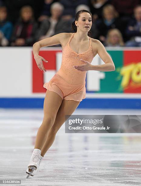 Sarah Hecken of Germany skates in the ladies free skate during Day 3 of the Skate America competition at the ShoWare Center on October 21, 2012 in...