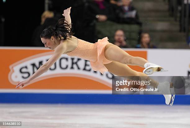 Sarah Hecken of Germany skates in the ladies free skate during Day 3 of the Skate America competition at the ShoWare Center on October 21, 2012 in...