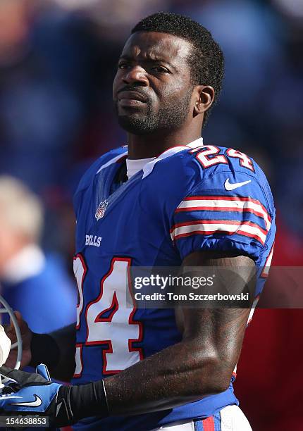 Terrence McGee of the Buffalo Bills watches from the sideline during NFL game action against the Tennessee Titans at Ralph Wilson Stadium on October...