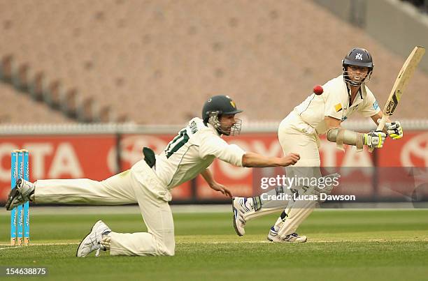 Chris Rogers of the Bushrangers plays a shot during day two of the Sheffield Shield match between the Victorian Bushrangers and the Tasmanian Tigers...