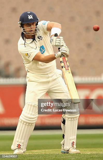 Cameron White of the Bushrangers plays a shot during day two of the Sheffield Shield match between the Victorian Bushrangers and the Tasmanian Tigers...