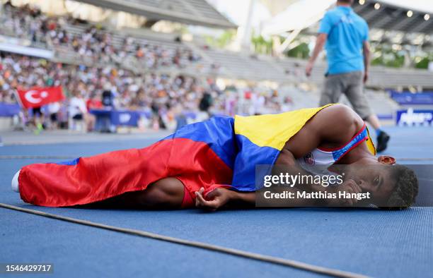 Yamil Acosta of Columbia celebrates after the Men's 400m T12 Final during day eight of the Para Athletics World Championships Paris 2023 at Stade...