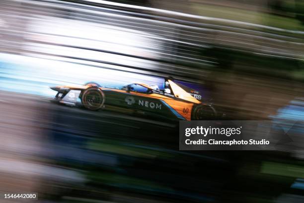 Rene Rast of Germany and Neom McLaren Formula E drives on track during the Formula E 2023 Rome E-Prix - Round 13 at the Rome EUR city track on July...