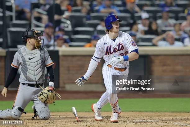 Brett Baty of the New York Mets in action against the San Francisco Giants at Citi Field on July 2, 2023 in New York City.