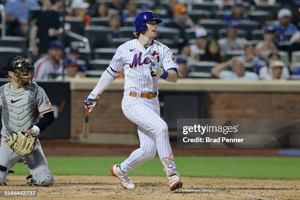 Brett Baty of the New York Mets in action against the San Francisco Giants at Citi Field on July 2, 2023 in New York City.