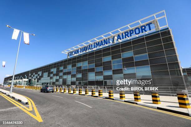 This picture taken on July 21, 2023 shows a view of the facade of the newly-inaugurated terminal of Ercan airport outside Nicosia in the...