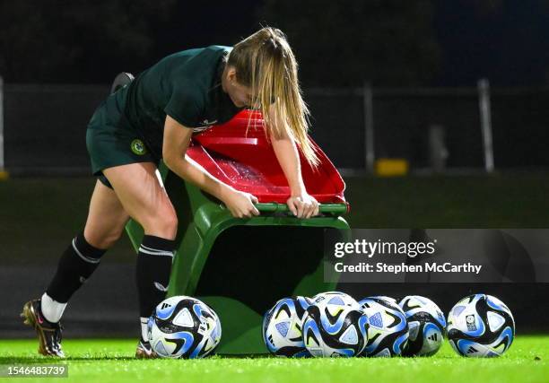 Brisbane , Australia - 21 July 2023; Chloe Mustaki during a training drill with a wheelie bin at a Republic of Ireland training session at Meakin...