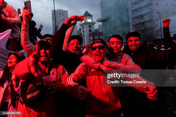 Fans of River Plate cheer the team prior outside the stadium a match between River Plate and Estudiantes as part of Liga Profesional 2023 at Estadio...