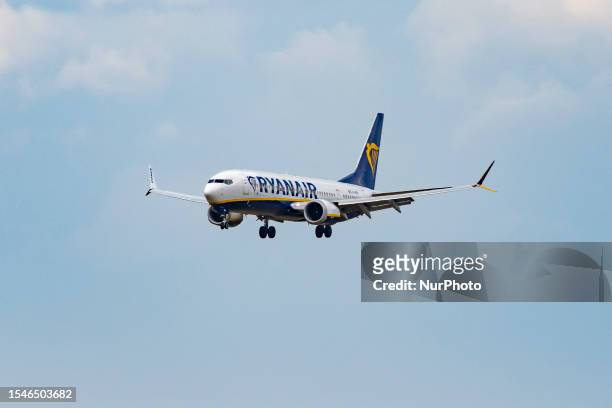 Ryanair Boeing 737 MAX 8 aircraft flying on final approach, landing and taxiing at Eindhoven Welschap airport EIN arriving from Malaga Spain the...