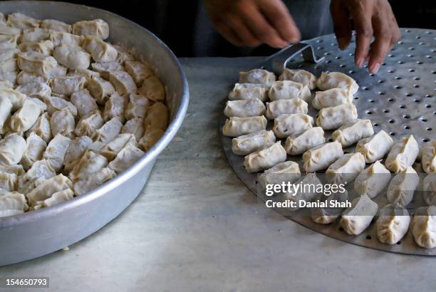 arranging uncooked dumplings on circular tray - dumpling stock pictures, royalty-free photos & images