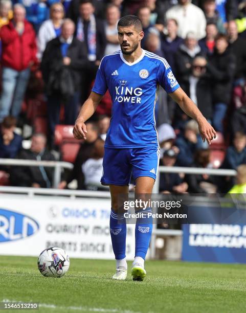 Conor Coady of Leicester City in action during the Pre-Season Friendly between Northampton Town and Leicester City at Sixfields on July 15, 2023 in...