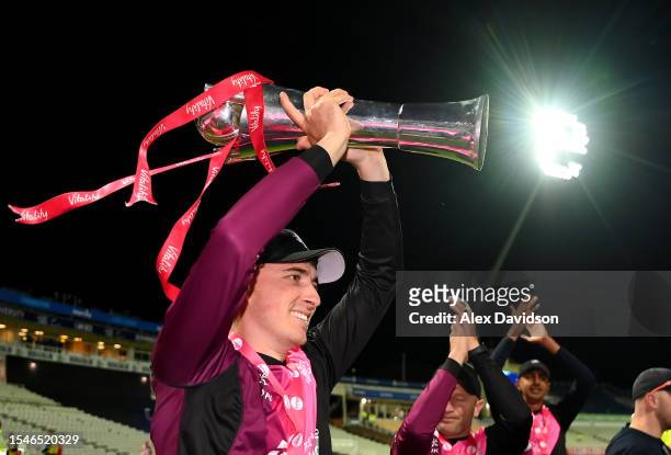 Tom Banton of Somerset celebrates with the trophy after the Vitality Blast T20 Final between Essex Eagles and Somerset at Edgbaston on July 15, 2023...