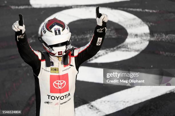 John Hunter Nemechek, driver of the Persil Toyota, celebrates after winning the NASCAR Xfinity Series Ambetter Health 200 at New Hampshire Motor...