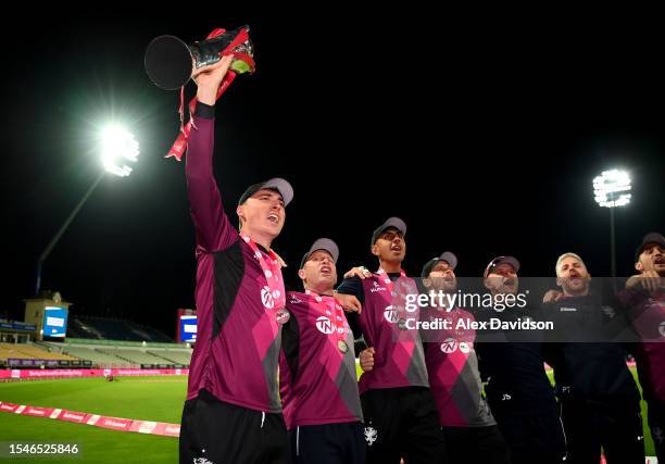 Tom Banton of Somerset and teammates sing the team song after victory in the Vitality Blast T20 Final between Essex Eagles and Somerset at Edgbaston...