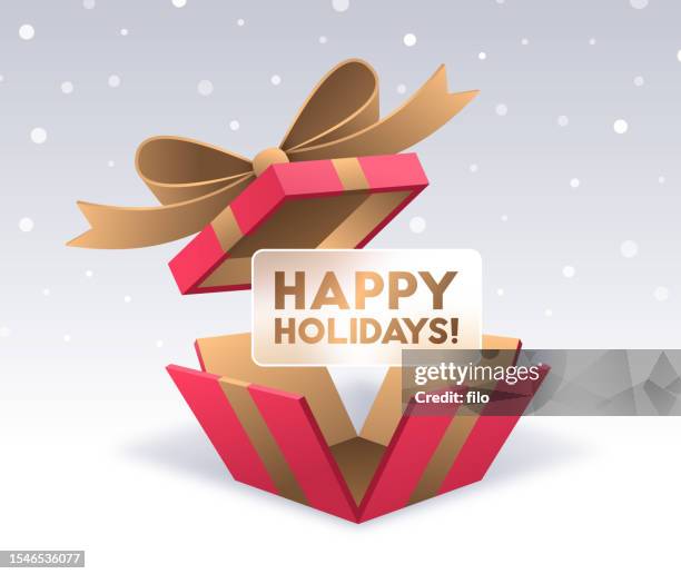 illustrazioni stock, clip art, cartoni animati e icone di tendenza di happy holidays apertura confezione regalo sfondo neve - 3d box