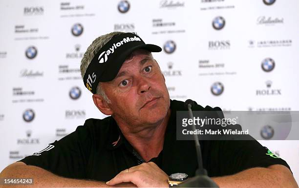 Darren Clarke of Northern Ireland looks on in a press conference during the Pro Am event prior to the start of the BMW Masters at Lake Malaren Golf...