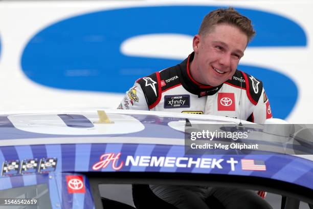 John Hunter Nemechek, driver of the Persil Toyota, exits his car after winning the NASCAR Xfinity Series Ambetter Health 200 at New Hampshire Motor...