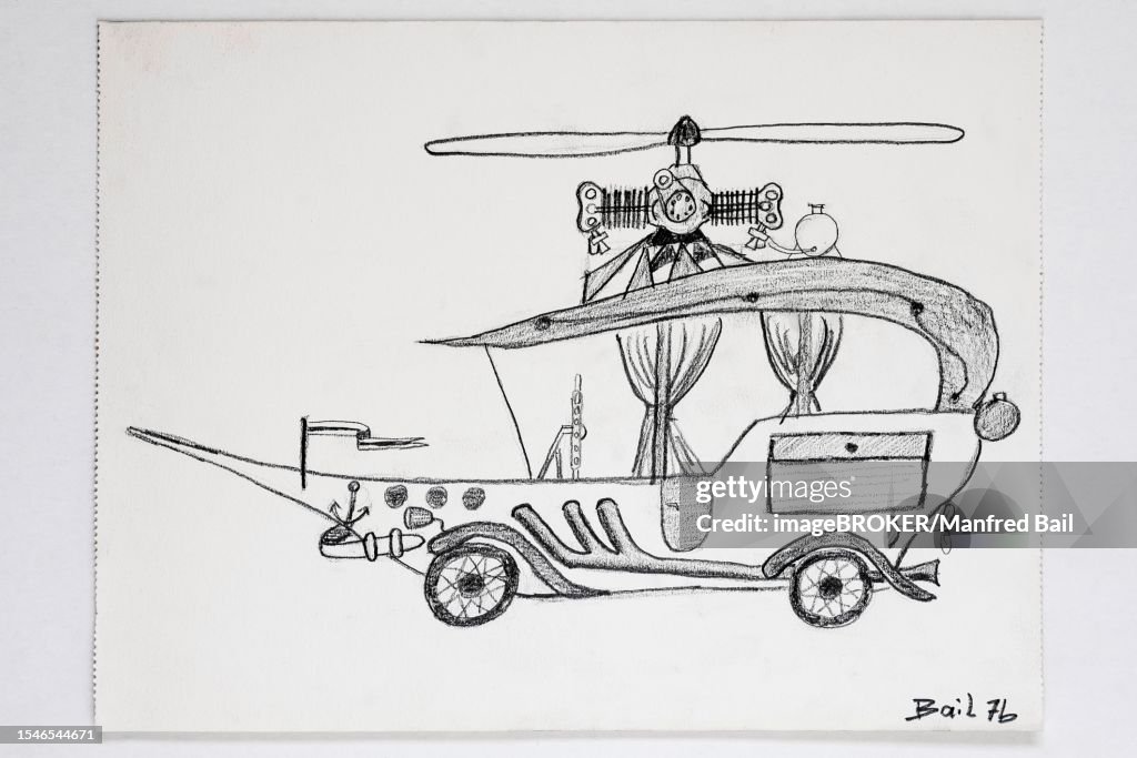 Swimming or flying car, pupil's drawing, class 7b from 1964, Bavaria, Germany