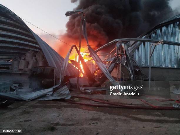 Fire breaks out at granaries of one of the agricultural enterprises after Russian airstrike hits in Odesa, Ukraine on July 21, 2023. 2 rockets hit...