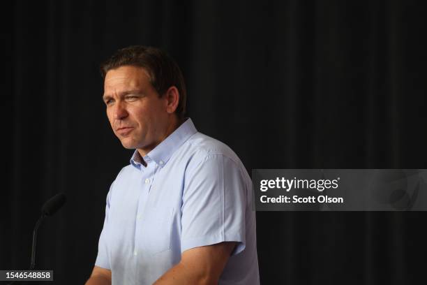 Republican presidential candidate Florida Governor Ron DeSantis speaks at U.S. Rep. Zach Nunn’s “Operation Top Nunn: Salute to Our Troops" fundraiser...