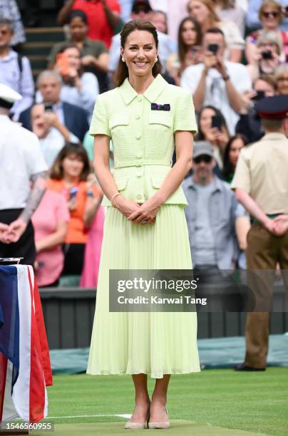 Catherine, Princess of Wales attends day thirteen of the Wimbledon Tennis Championships at All England Lawn Tennis and Croquet Club on July 15, 2023...