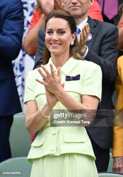 Catherine, Princess of Wales attends day thirteen of the Wimbledon Tennis Championships at All England Lawn Tennis and Croquet Club on July 15, 2023...