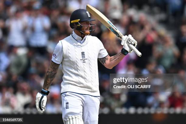 England's captain Ben Stokes reacts to reaching his half century on day three of the fourth Ashes cricket Test match between England and Australia at...