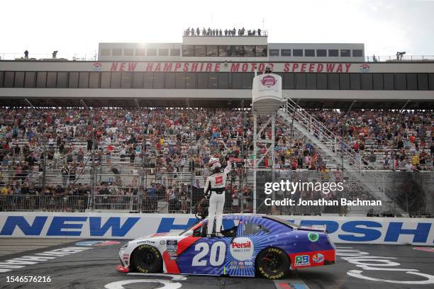 John Hunter Nemechek, driver of the Persil Toyota, celebrates after winning the NASCAR Xfinity Series Ambetter Health 200 at New Hampshire Motor...