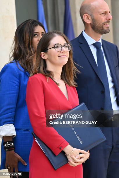 Newly appointed Minister for Solidarity, Autonomy and Persons with Disabilities Aurore Berge leaves after a cabinet meeting at the Elysee Palace in...