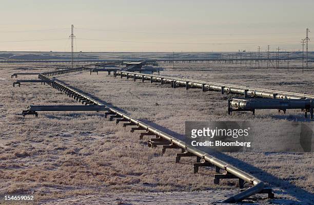 Pipelines stand in front of electricity pylons near OAO Gazprom's new Bovanenkovo deposit, a natural gas field near Bovanenkovskoye on the Yamal...