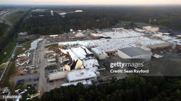 In this aerial view a Pfizer pharmaceutical factory after a tornado damaged the facility two days before on July 21, 2023 in Rocky Mount, North...