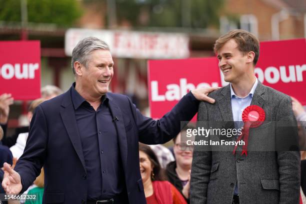 Labour leader Sir Keir Starmer MP, congratulates Keir Mather on becoming the new MP for Selby and Ainsty on July 21, 2023 in Selby, England. Last...