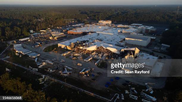 In this aerial view a Pfizer pharmaceutical factory after a tornado damaged the facility two days before on July 21, 2023 in Rocky Mount, North...