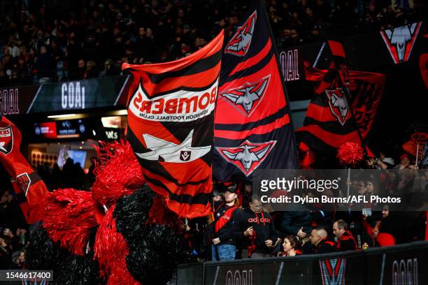 Bombers fans celebrate during the 2023 AFL Round 19 match between the Essendon Bombers and the Western Bulldogs at Marvel Stadium on July 21, 2023 in...