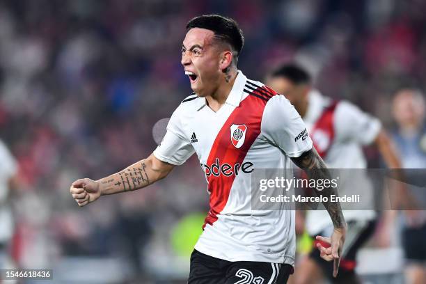 Esequiel Barco of River Plate celebrates after scoring the team's third goal during a match between River Plate and Estudiantes as part of Liga...