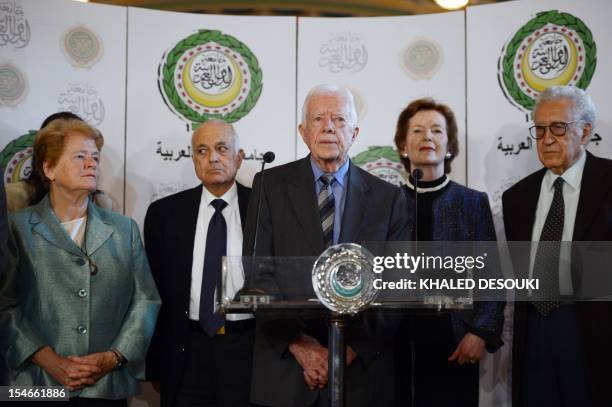 Former US president Jimmy Carter addresses a joint press conference with Arab League chief Nabil al-Arabi , Former president of Ireland Mary Robinson...