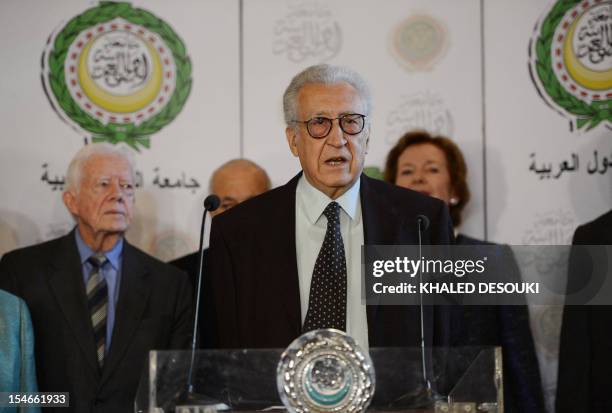 International peace envoy for Syria Lakhdar Brahimi addresses a press conference at the Arab League headquaraters in Cairo on October 24, 2012....
