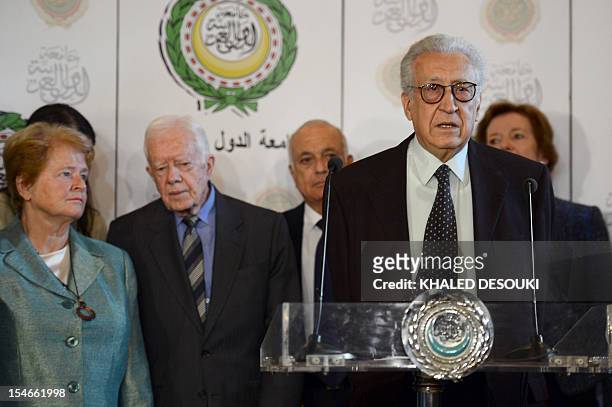 International peace envoy for Syria Lakhdar Brahimi addresses a press conference at the Arab League headquaraters in Cairo on October 24, 2012....