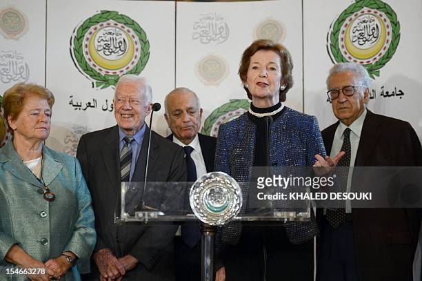Former president of Ireland Mary Robinson , addresses a joint press conference with former US president Jimmy Carter , Arab League chief Nabil...