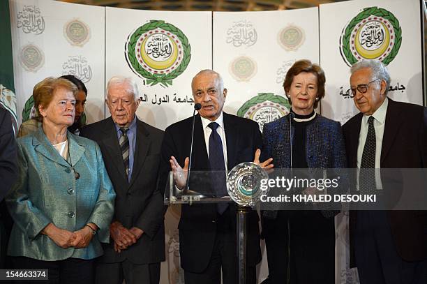 Arab League chief Nabil al-Arabi addresses a joint press conference with former president of Ireland Mary Robinson , international peace envoy for...