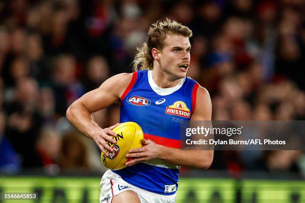 Bailey Smith of the Bulldogs in action during the 2023 AFL Round 19 match between the Essendon Bombers and the Western Bulldogs at Marvel Stadium on...