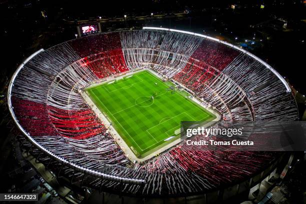 Aerial view of Monumental stadium prior a match between River Plate and Estudiantes as part of Liga Profesional 2023 at Estadio Más Monumental...