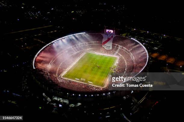 Aerial view of Monumental stadium prior a match between River Plate and Estudiantes as part of Liga Profesional 2023 at Estadio Más Monumental...